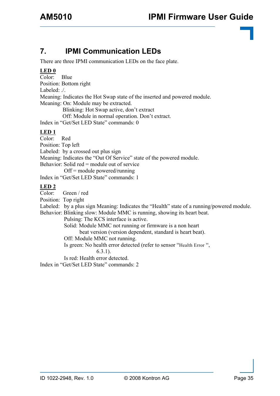 Ipmi communication leds, Tive (refer to 7), Am5010 ipmi firmware user guide | Kontron AM5010 IPMI User Manual | Page 35 / 36