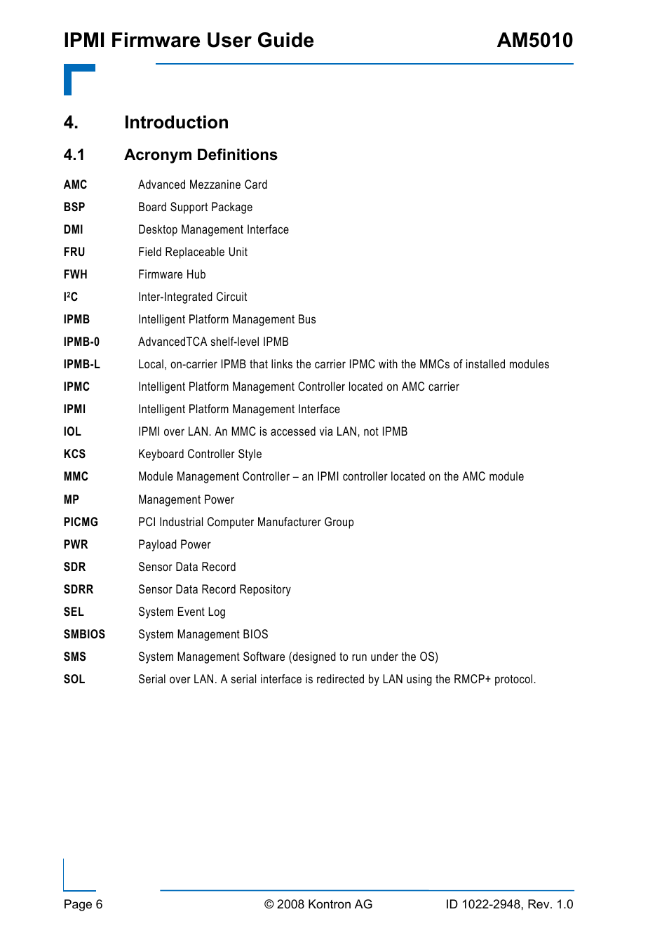 Introduction, 1 acronym, Definitions | Ipmi firmware user guide am5010, 1 acronym definitions | Kontron AM5010 IPMI User Manual | Page 6 / 36