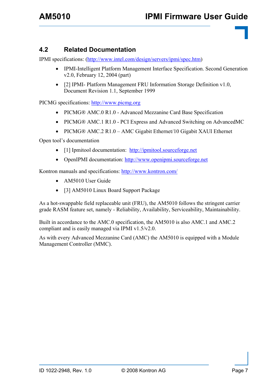 2 related, Documentation, Am5010 ipmi firmware user guide | Kontron AM5010 IPMI User Manual | Page 7 / 36