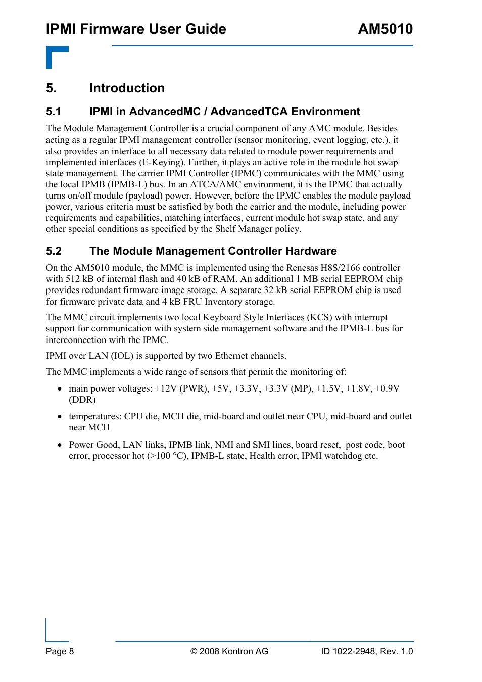 Introduction, Ipmi in advancedmc / advancedtca environment, The module management controller hardware | Ipmi firmware user guide am5010 | Kontron AM5010 IPMI User Manual | Page 8 / 36