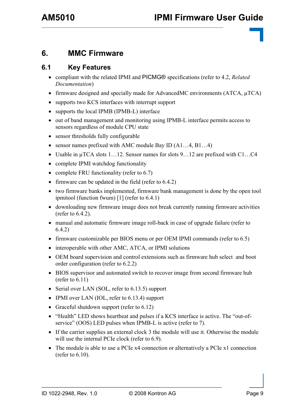 Firmware, 1 key, Features | Am5010 ipmi firmware user guide, Mmc firmware | Kontron AM5010 IPMI User Manual | Page 9 / 36
