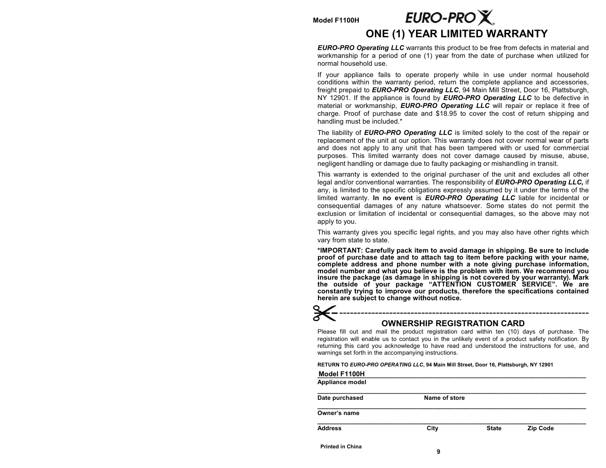 One (1) year limited warranty, Ownership registration card | Bravetti F1100H User Manual | Page 10 / 10
