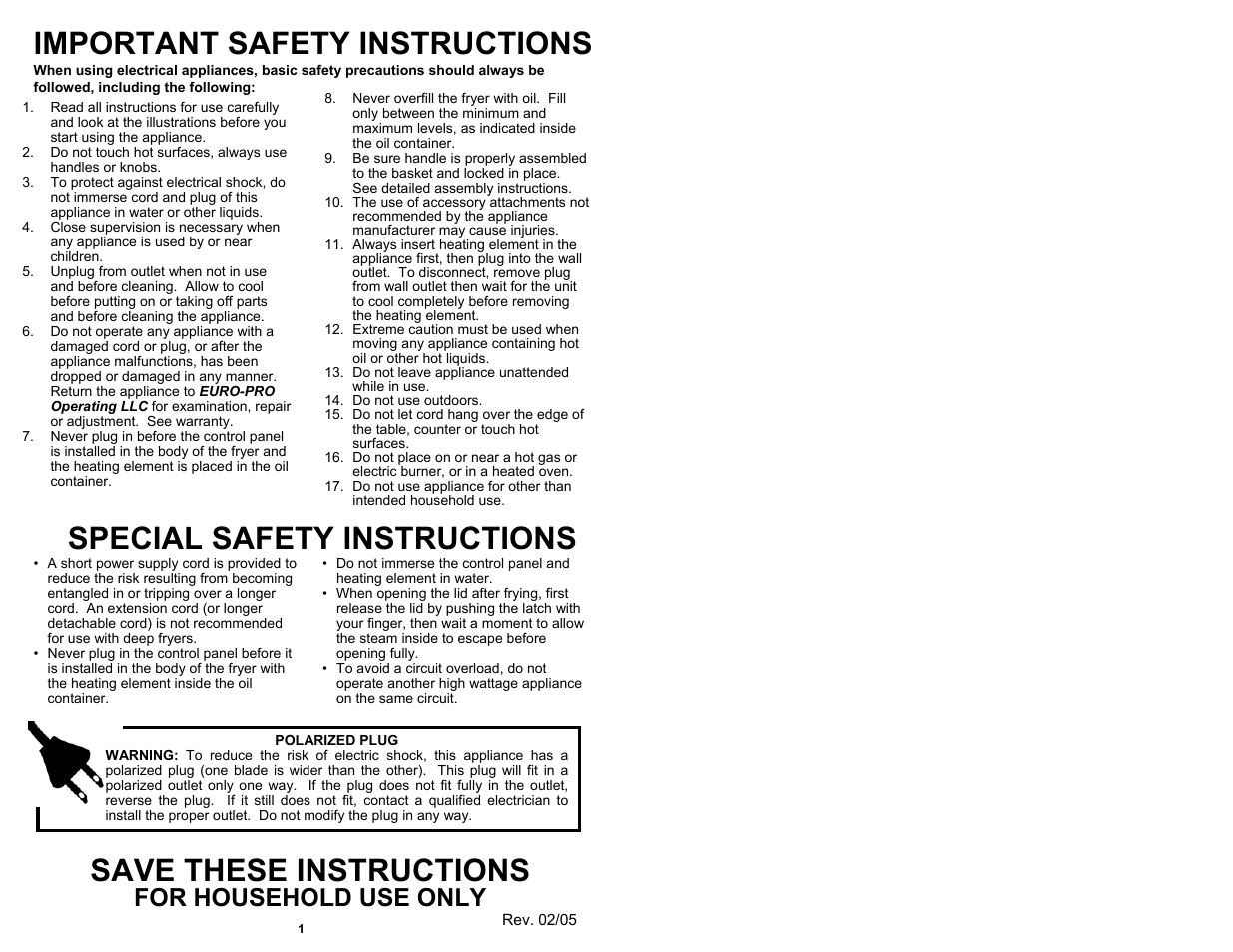 Important safety instructions, Special safety instructions, Save these instructions | For household use only | Bravetti F1100H User Manual | Page 2 / 10