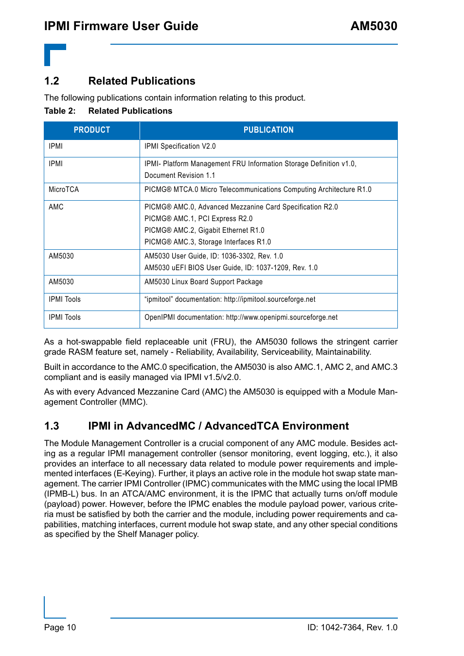 2 related publications, 3 ipmi in advancedmc / advancedtca environment, Related publications | Ipmi firmware user guide am5030 | Kontron AM5030 IPMI User Manual | Page 10 / 44