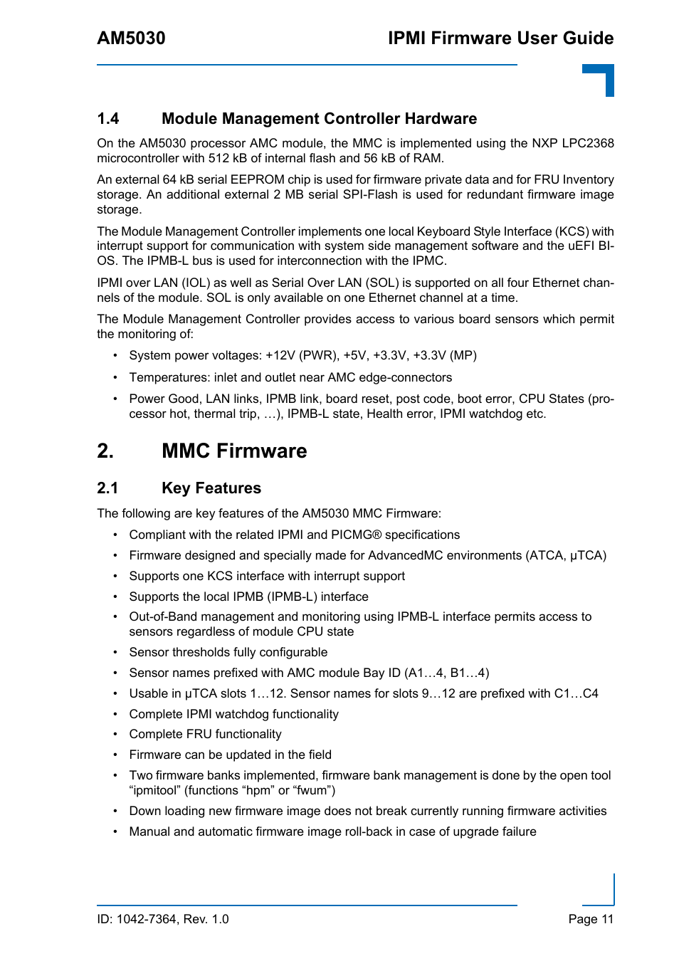 4 module management controller hardware, Mmc firmware, 1 key features | Am5030 ipmi firmware user guide | Kontron AM5030 IPMI User Manual | Page 11 / 44