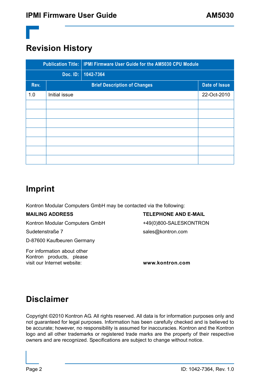 Revision history, Imprint, Disclaimer | Revision history imprint, Ipmi firmware user guide am5030 | Kontron AM5030 IPMI User Manual | Page 2 / 44