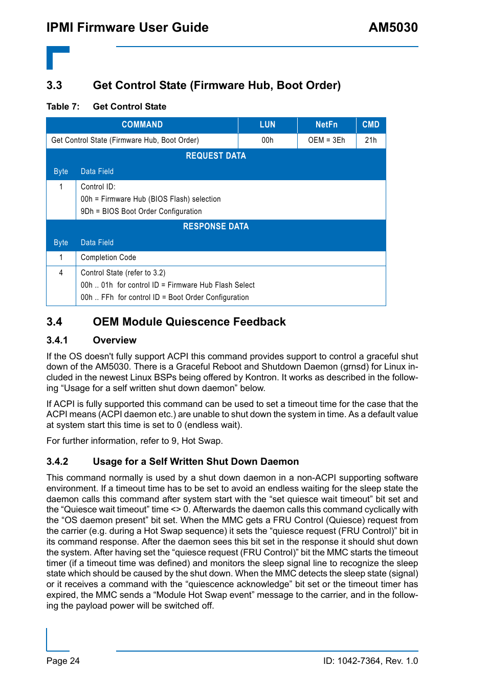 3 get control state (firmware hub, boot order), 4 oem module quiescence feedback, 1 overview | 2 usage for a self written shut down daemon, Overview, Usage for a self written shut down daemon, Get control state, Ipmi firmware user guide am5030 | Kontron AM5030 IPMI User Manual | Page 24 / 44