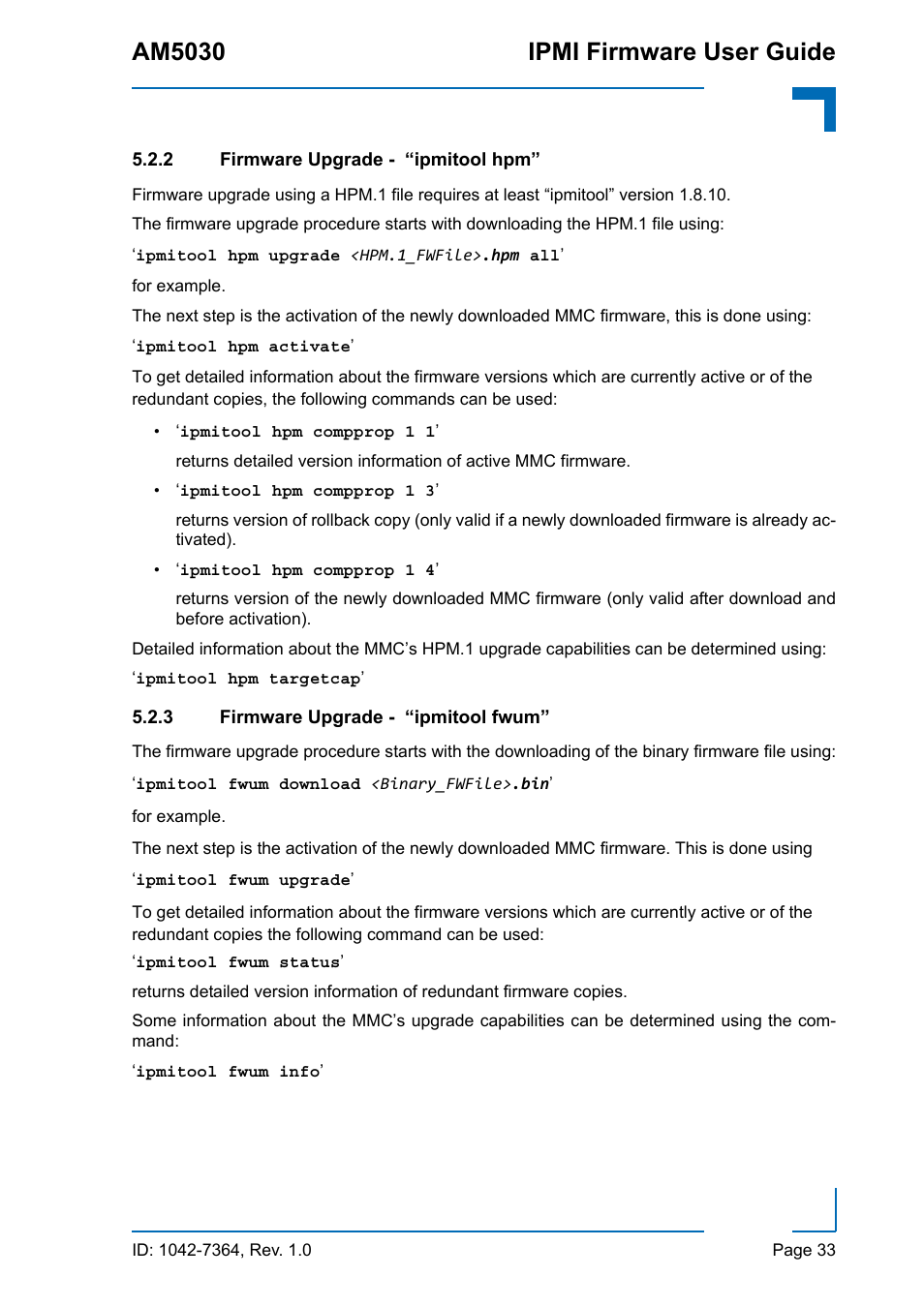 2 firmware upgrade - “ipmitool hpm, 3 firmware upgrade - “ipmitool fwum, Firmware upgrade - 'ipmitool hpm | Firmware upgrade - 'ipmitool fwum, Am5030 ipmi firmware user guide | Kontron AM5030 IPMI User Manual | Page 33 / 44