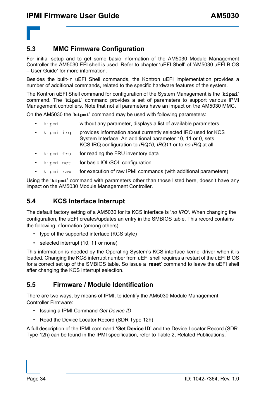 3 mmc firmware configuration, 4 kcs interface interrupt, 5 firmware / module identification | Ipmi firmware user guide am5030 | Kontron AM5030 IPMI User Manual | Page 34 / 44