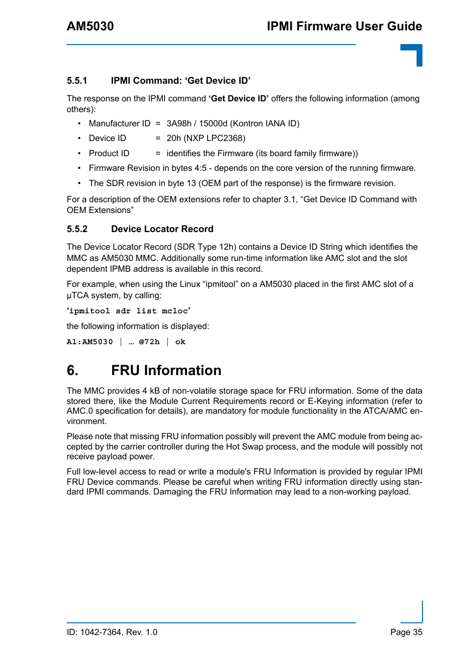 1 ipmi command: ‘get device id, 2 device locator record, Fru information | Ipmi command: ‘get device id, Device locator record, Am5030 ipmi firmware user guide | Kontron AM5030 IPMI User Manual | Page 35 / 44