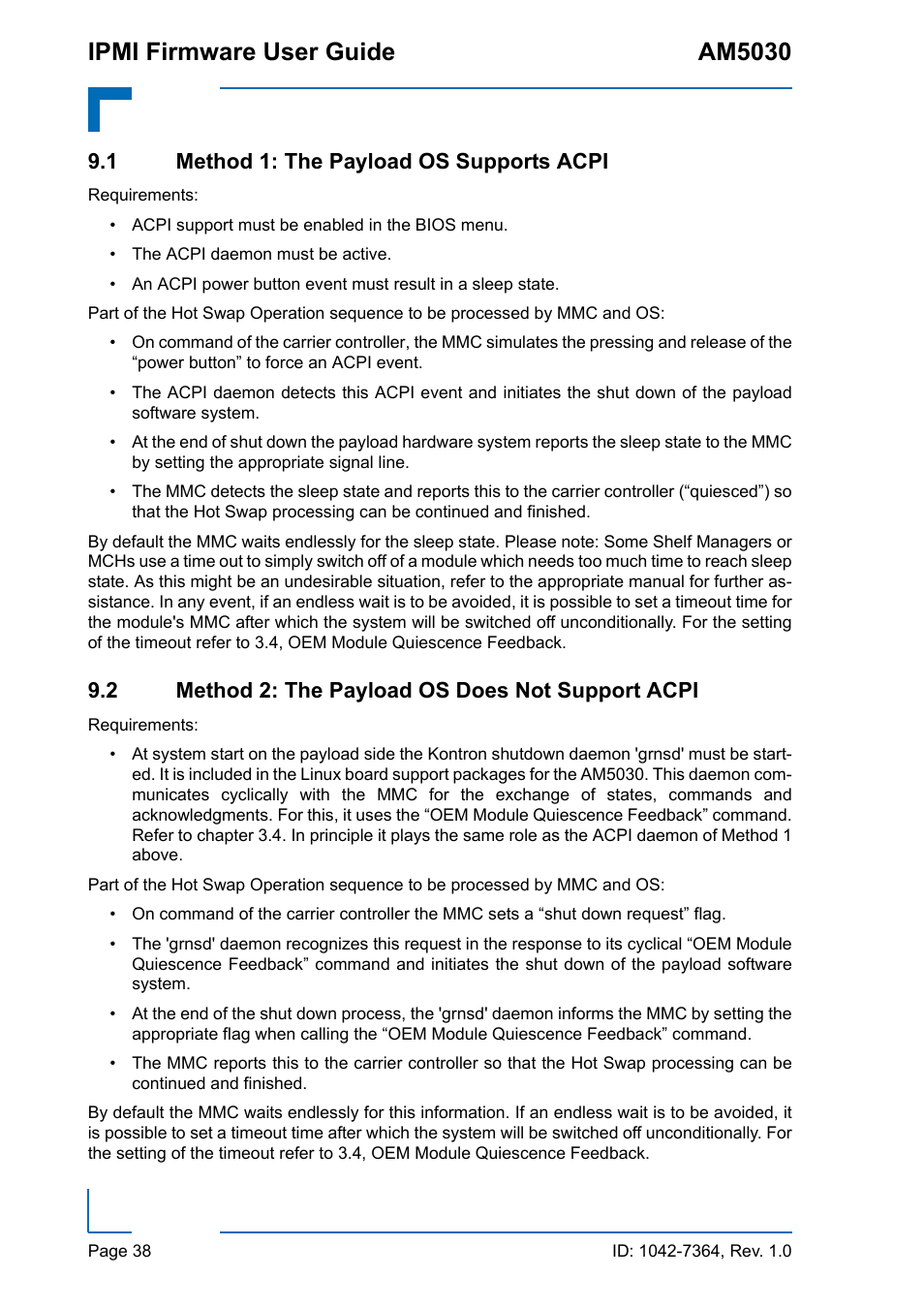 1 method 1: the payload os supports acpi, 2 method 2: the payload os does not support acpi, Ipmi firmware user guide am5030 | Kontron AM5030 IPMI User Manual | Page 38 / 44