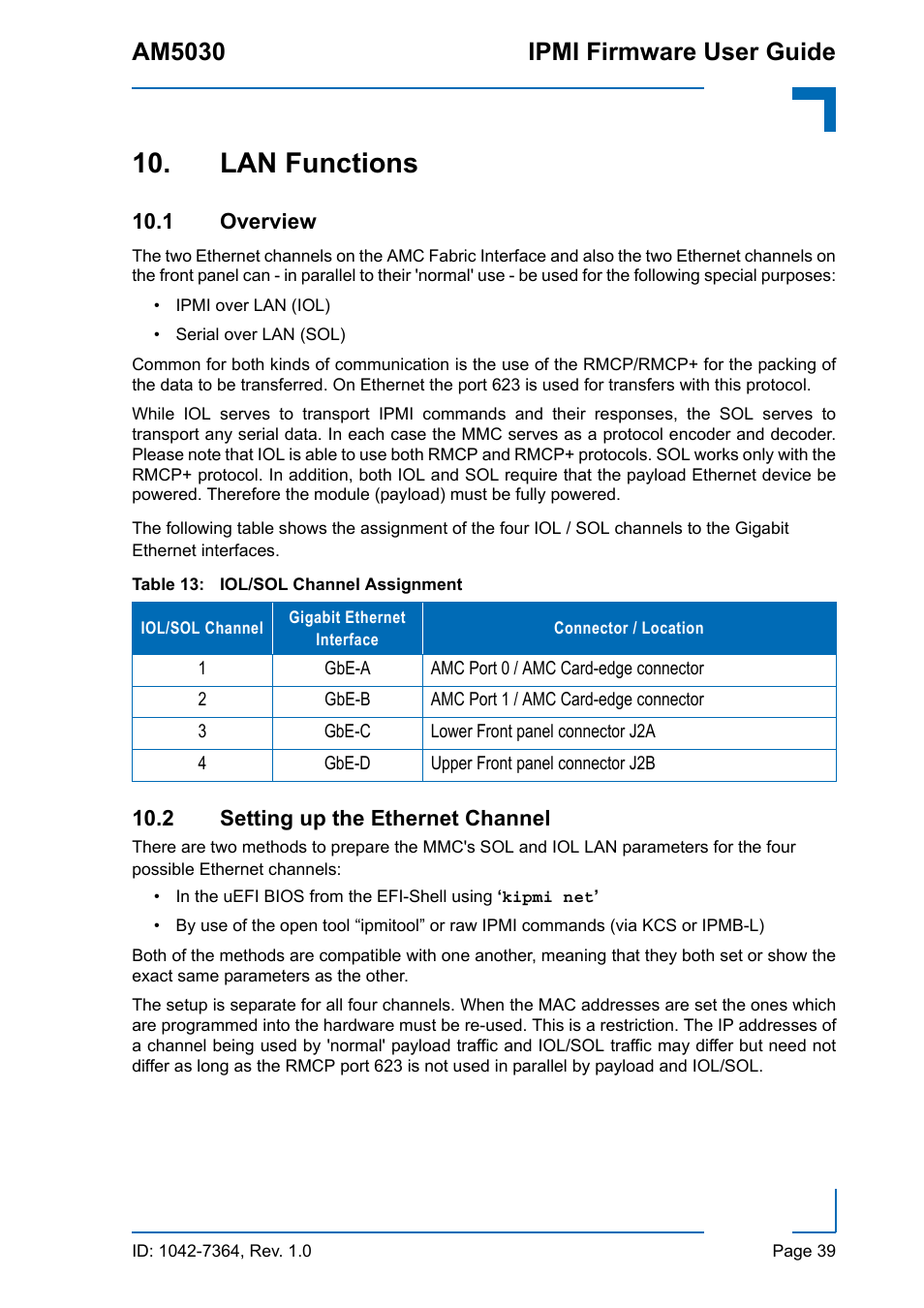 Lan functions, 1 overview, 2 setting up the ethernet channel | 1 overview 10.2 setting up the ethernet channel, Iol/sol channel assignment, Am5030 ipmi firmware user guide | Kontron AM5030 IPMI User Manual | Page 39 / 44