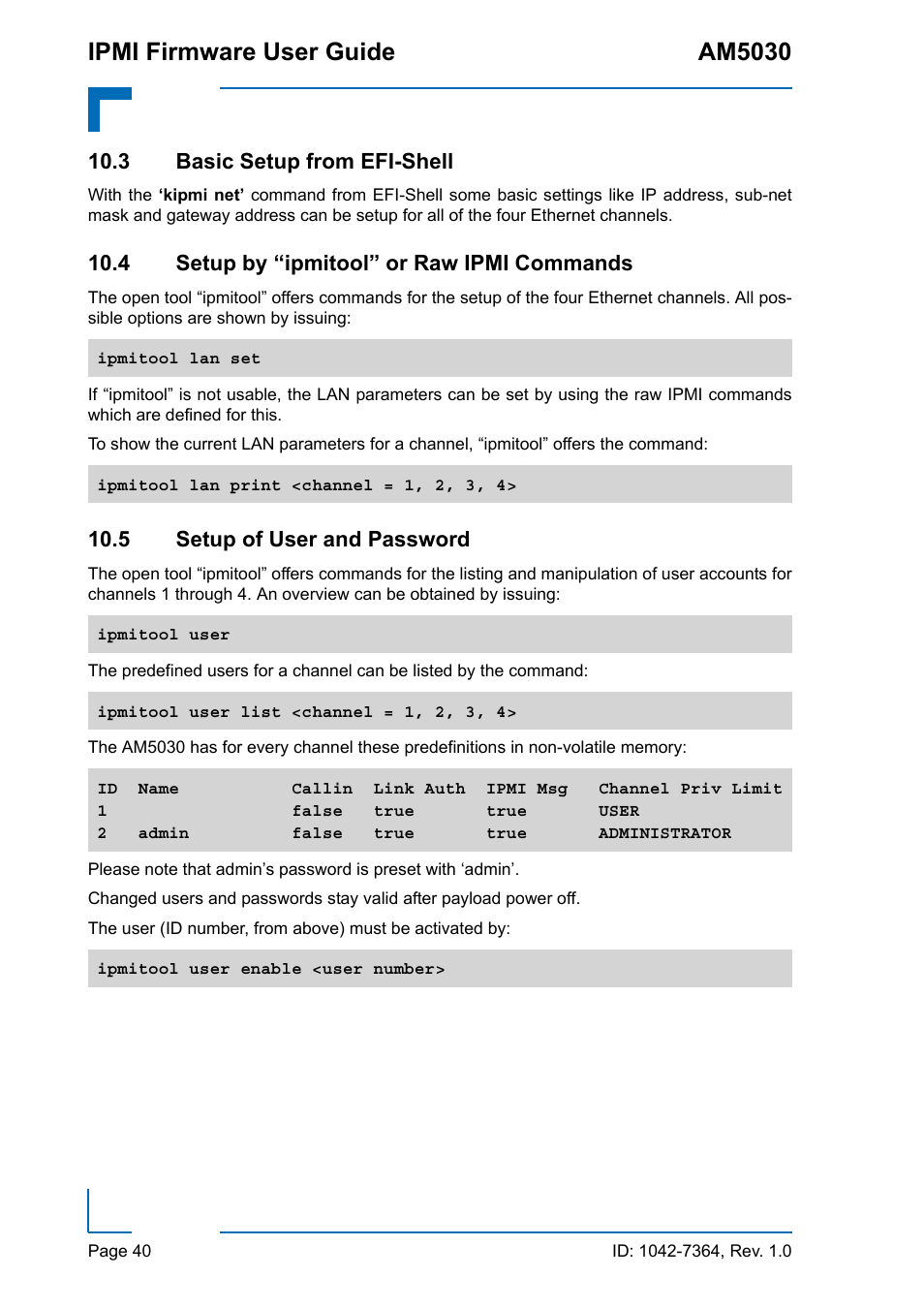 3 basic setup from efi-shell, 4 setup by “ipmitool” or raw ipmi commands, 5 setup of user and password | Ipmi firmware user guide am5030 | Kontron AM5030 IPMI User Manual | Page 40 / 44