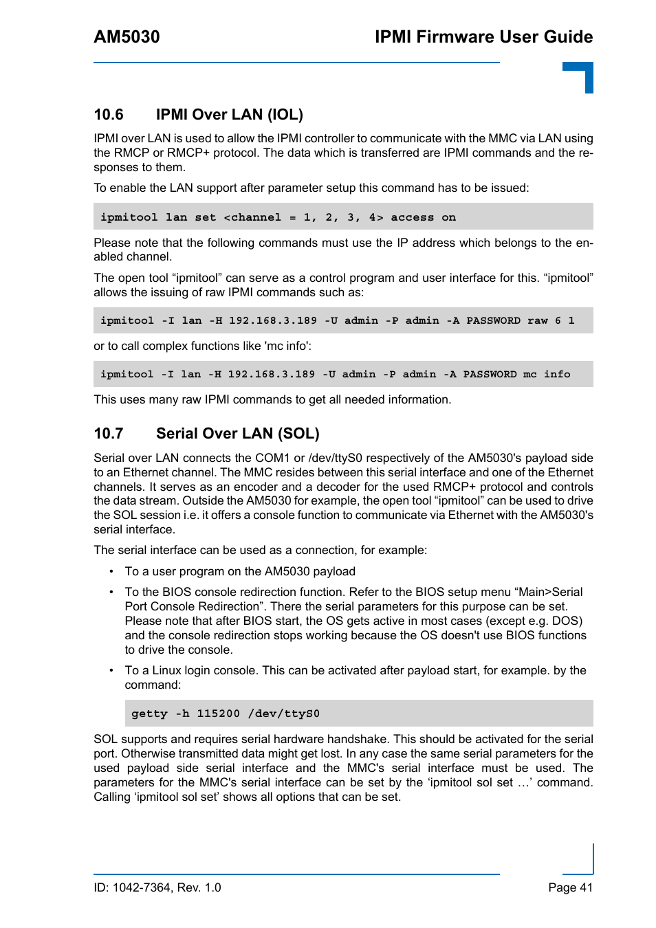 6 ipmi over lan (iol), 7 serial over lan (sol), 6 ipmi over lan (iol) 10.7 serial over lan (sol) | Am5030 ipmi firmware user guide | Kontron AM5030 IPMI User Manual | Page 41 / 44