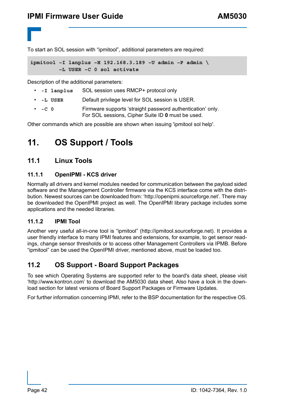 Os support / tools, 1 linux tools, 1 openipmi - kcs driver | 2 ipmi tool, 2 os support - board support packages, 1 openipmi - kcs driver 11.1.2 ipmi tool, Ipmi firmware user guide am5030 | Kontron AM5030 IPMI User Manual | Page 42 / 44