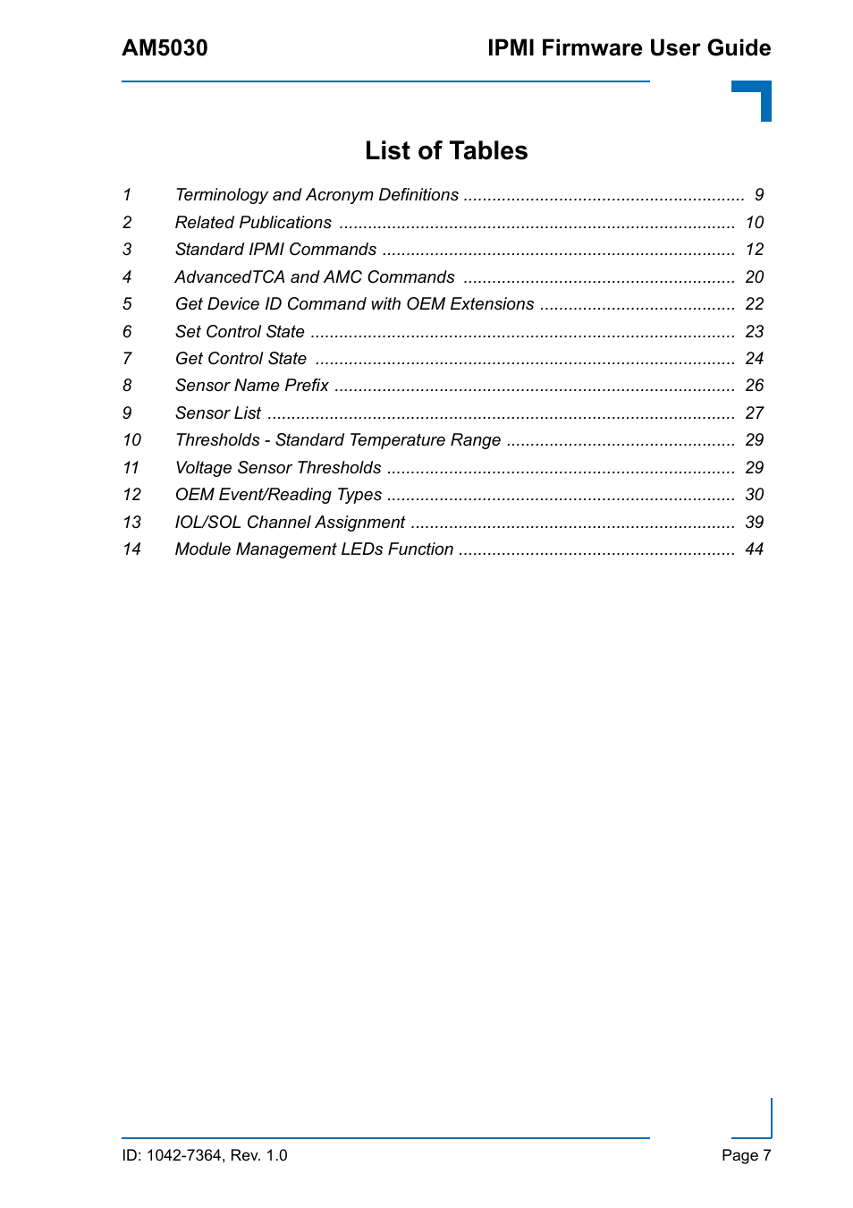 List of tables, Am5030 ipmi firmware user guide | Kontron AM5030 IPMI User Manual | Page 7 / 44