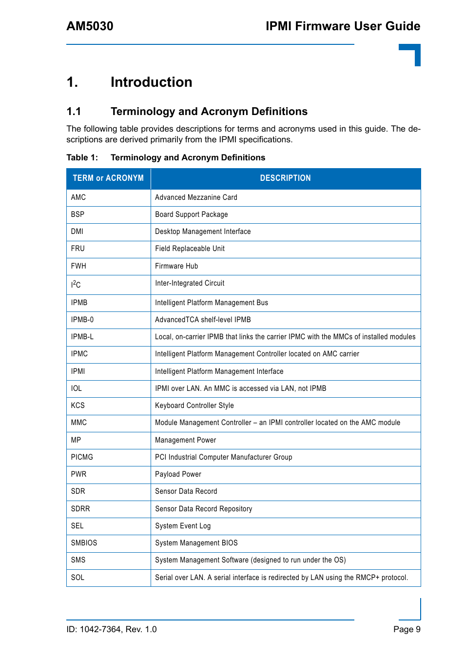 Introduction, 1 terminology and acronym definitions, Terminology and acronym definitions | Am5030 ipmi firmware user guide | Kontron AM5030 IPMI User Manual | Page 9 / 44