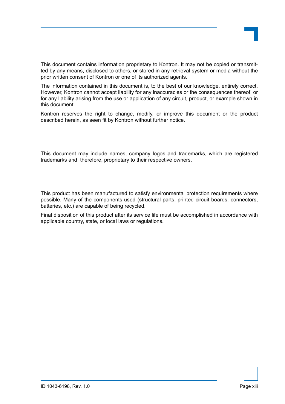 Proprietary note, Trademarks, Environmental protection statement | Am5020 preface | Kontron AM5020 User Manual | Page 13 / 34