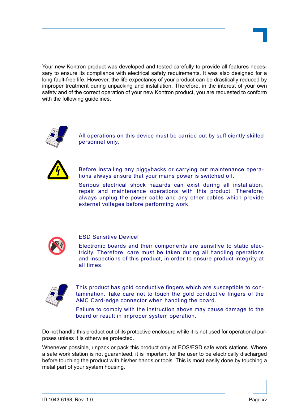For your safety, High voltage safety instructions, Special handling and unpacking instructions | Am5020 preface | Kontron AM5020 User Manual | Page 15 / 34