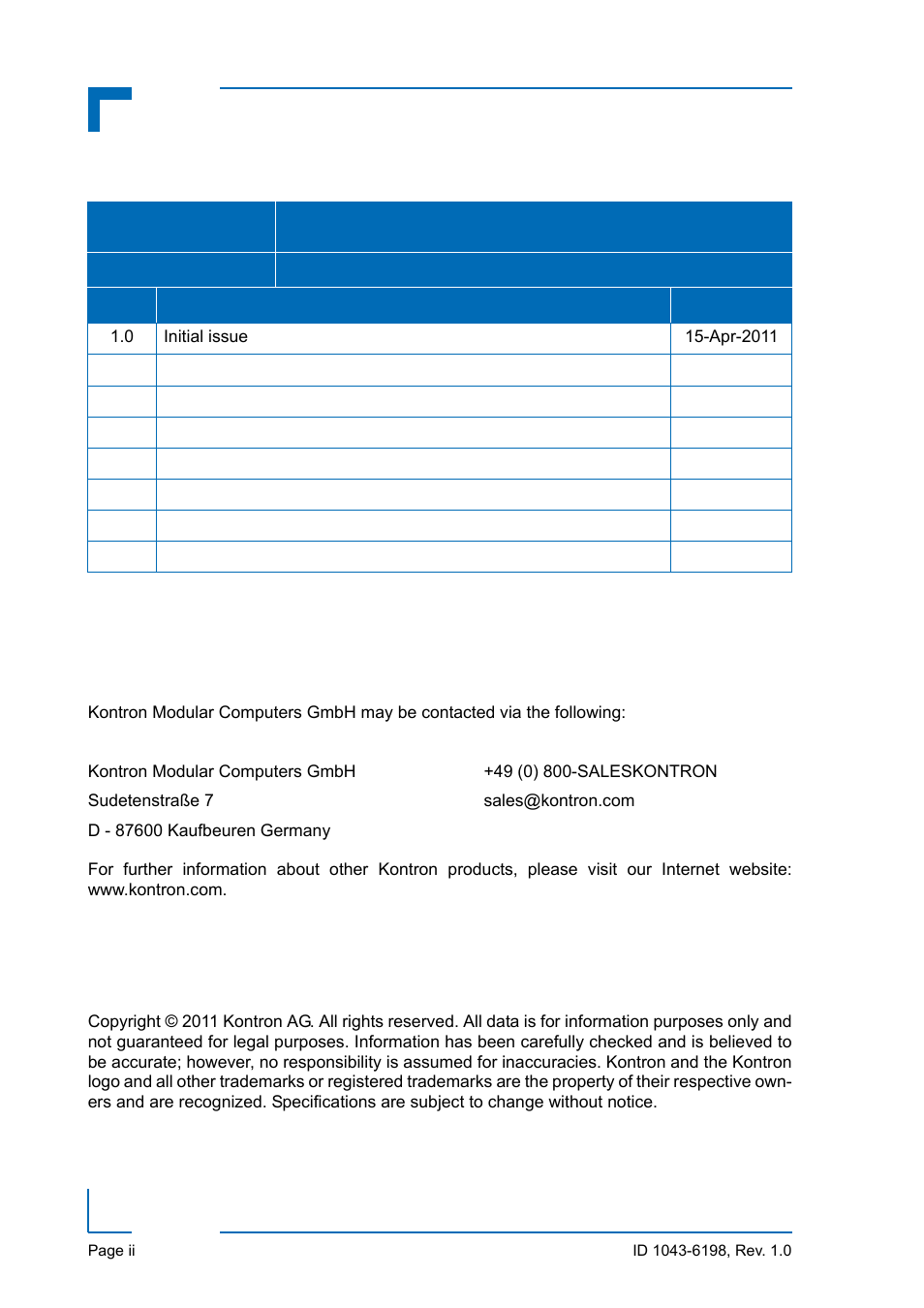 Revision history, Imprint, Disclaimer | Revision history imprint, Preface am5020 | Kontron AM5020 User Manual | Page 2 / 34