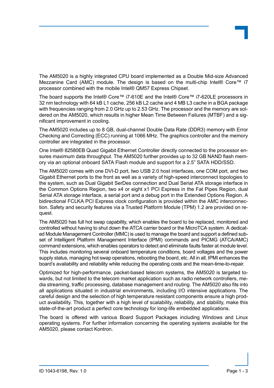 Introduction, 1 board overview, Introduction - 3 | Board overview - 3, Am5020 introduction | Kontron AM5020 User Manual | Page 21 / 34