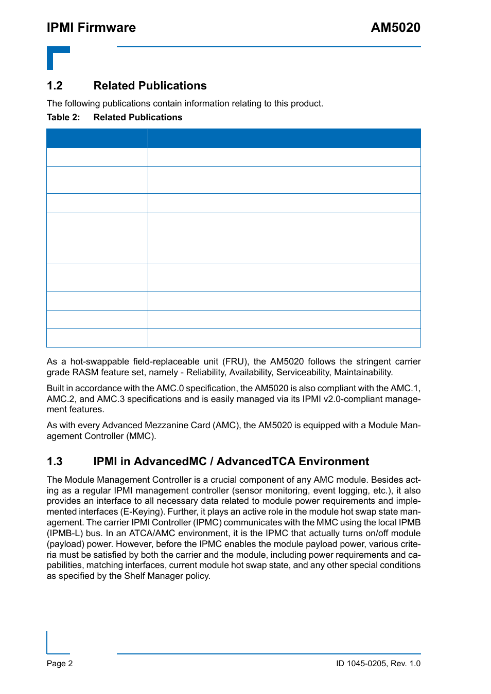 2 related publications, 3 ipmi in advancedmc / advancedtca environment, Related publications | Ipmi in advancedmc / advancedtca environment, Ipmi firmware am5020 | Kontron AM5020 IPMI Firmware User Manual | Page 10 / 48