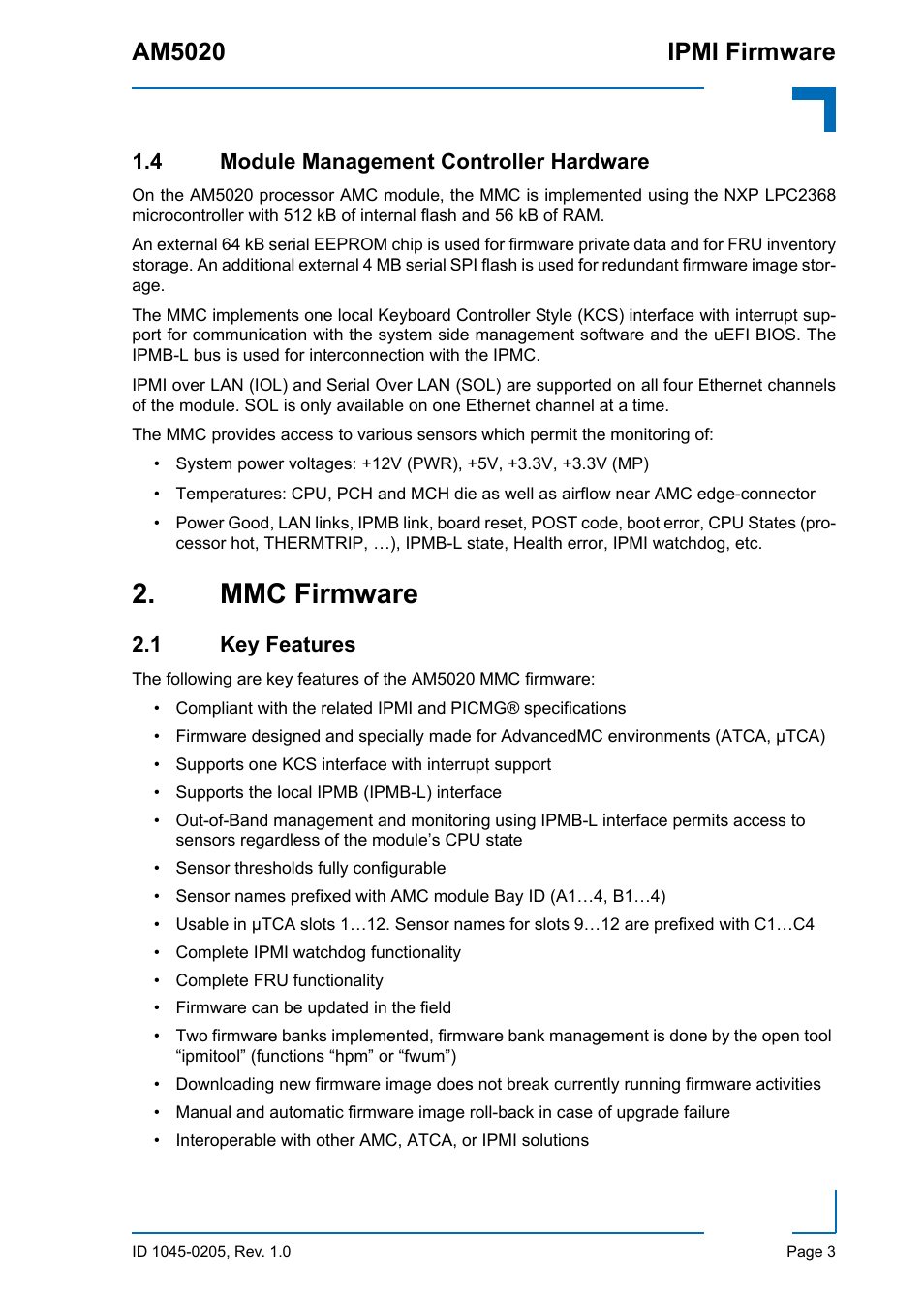 4 module management controller hardware, Mmc firmware, 1 key features | Module management controller hardware, Key features, Am5020 ipmi firmware | Kontron AM5020 IPMI Firmware User Manual | Page 11 / 48