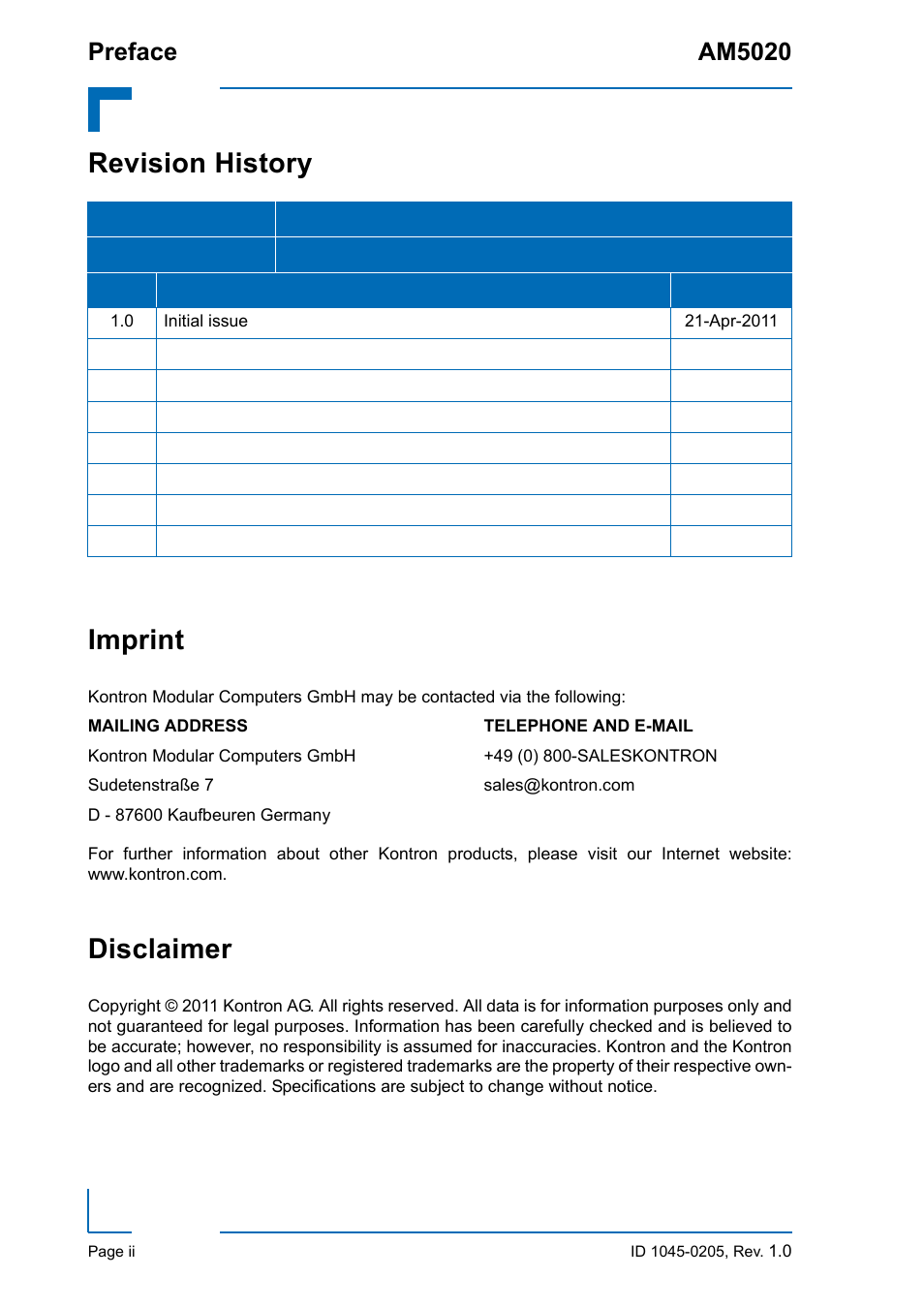 Revision history, Imprint, Disclaimer | Revision history imprint, Preface am5020 | Kontron AM5020 IPMI Firmware User Manual | Page 2 / 48