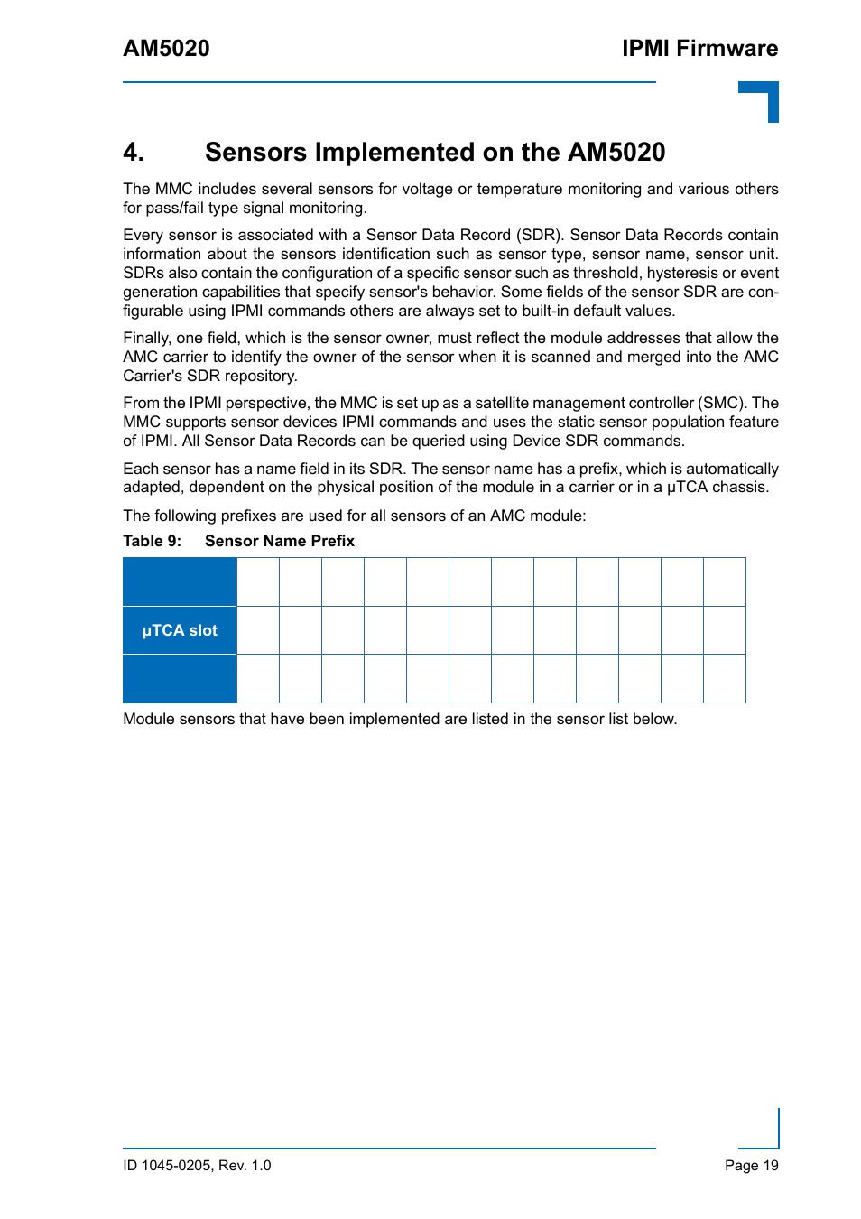 Sensors implemented on the am5020, Am5020 ipmi firmware | Kontron AM5020 IPMI Firmware User Manual | Page 27 / 48