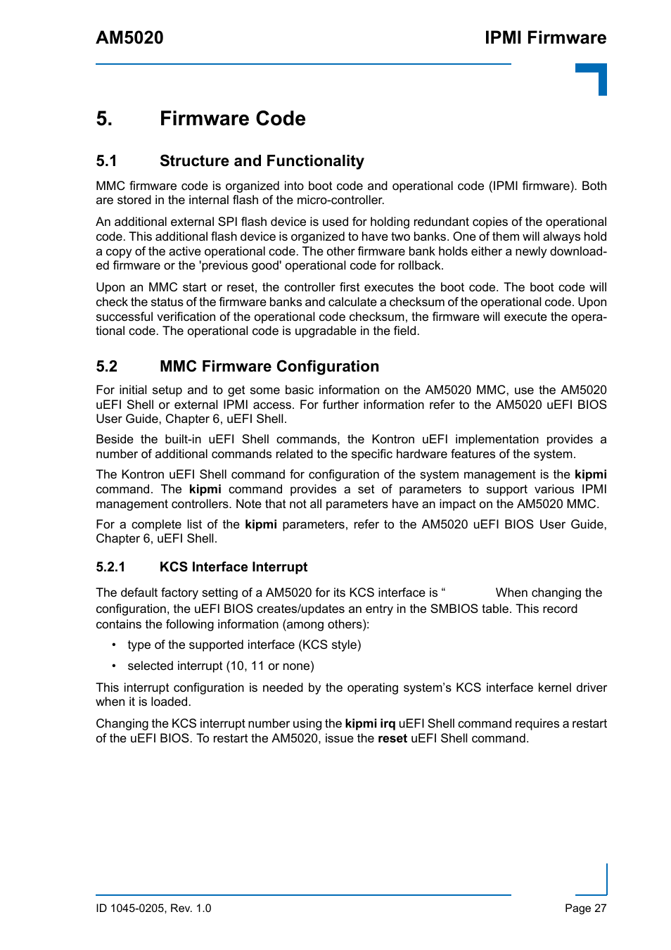 Firmware code, 1 structure and functionality, 2 mmc firmware configuration | 1 kcs interface interrupt, Structure and functionality, Mmc firmware configuration, Kcs interface interrupt, Am5020 ipmi firmware | Kontron AM5020 IPMI Firmware User Manual | Page 35 / 48