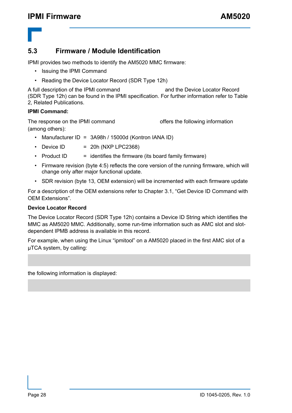 3 firmware / module identification, Firmware / module identification, Ipmi firmware am5020 | Kontron AM5020 IPMI Firmware User Manual | Page 36 / 48