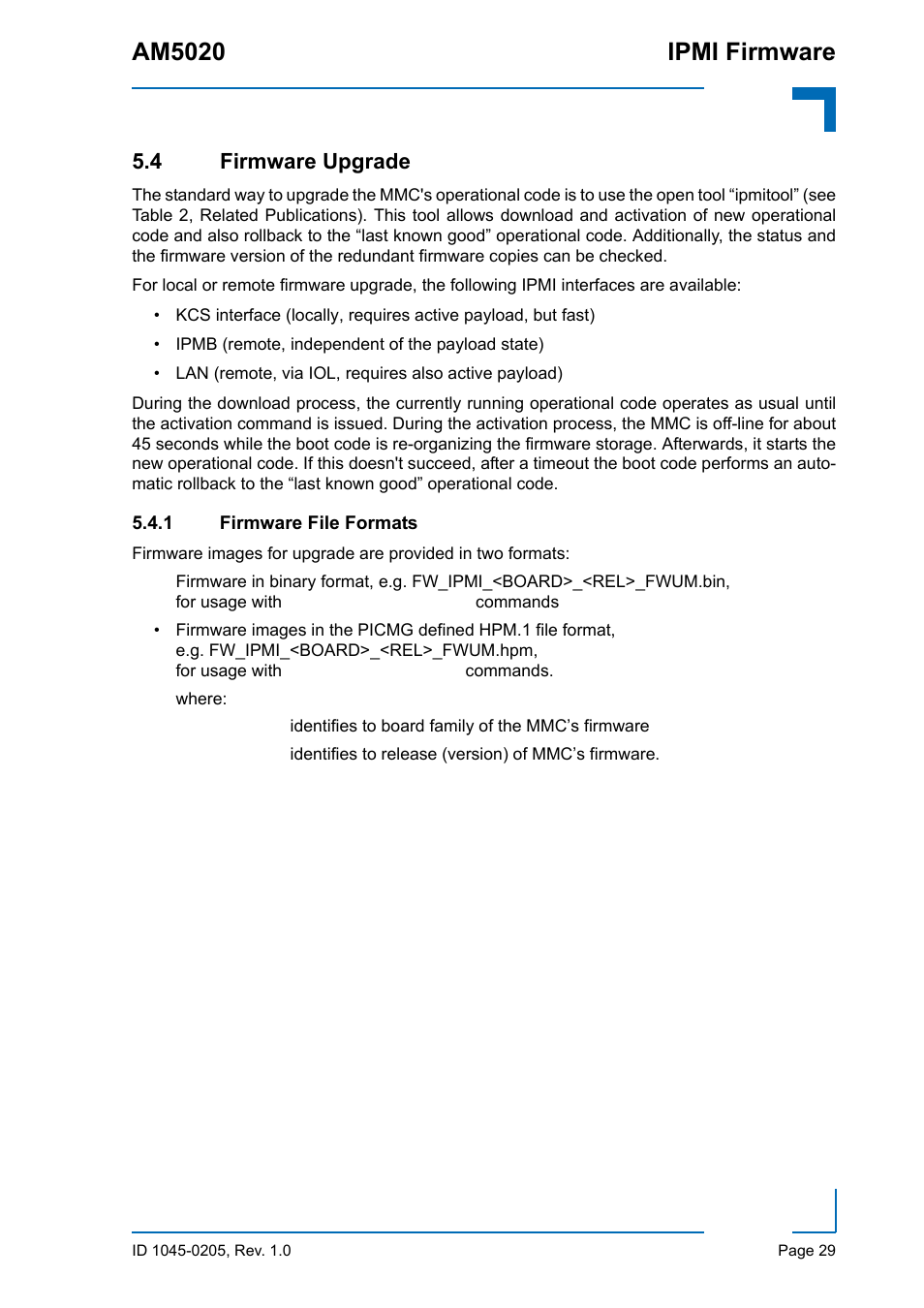 4 firmware upgrade, 1 firmware file formats, Firmware upgrade | Firmware file formats, Am5020 ipmi firmware | Kontron AM5020 IPMI Firmware User Manual | Page 37 / 48