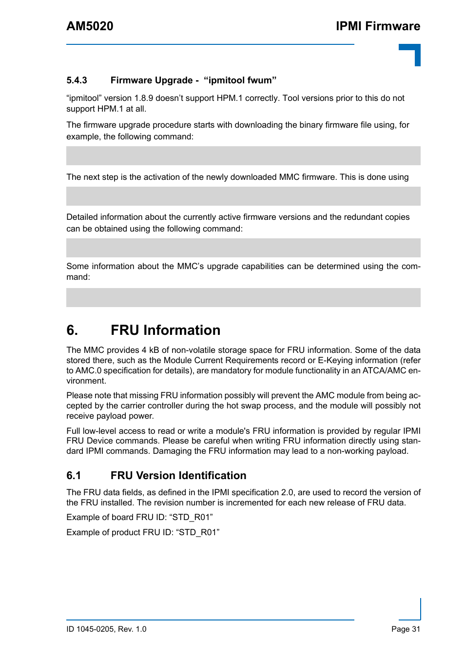 3 firmware upgrade - “ipmitool fwum, Fru information, 1 fru version identification | Firmware upgrade - “ipmitool fwum, Fru version identification, Am5020 ipmi firmware | Kontron AM5020 IPMI Firmware User Manual | Page 39 / 48