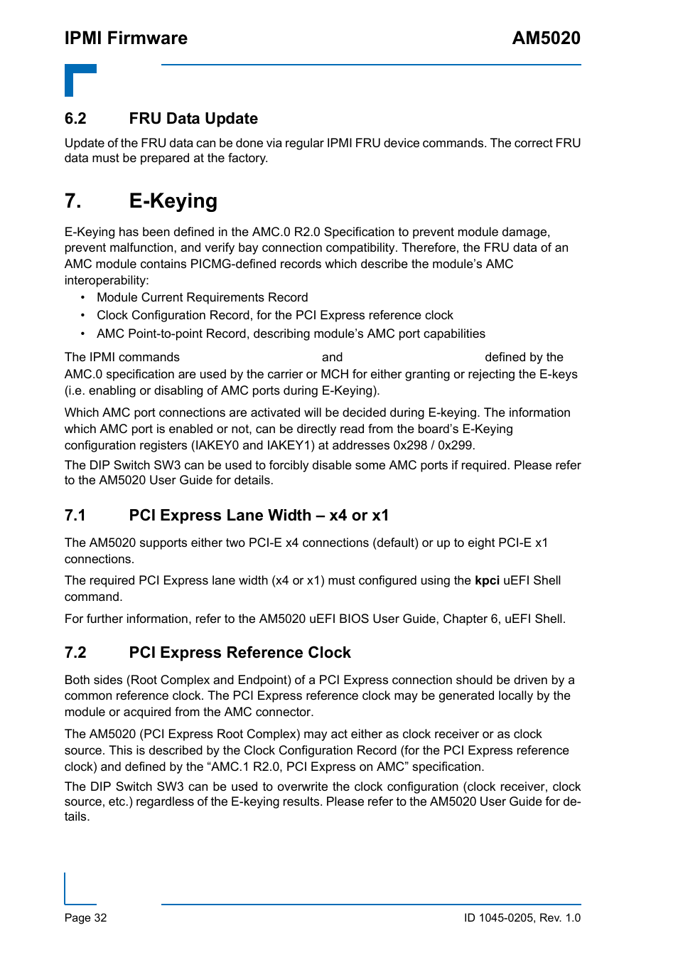 2 fru data update, E-keying, 1 pci express lane width – x4 or x1 | 2 pci express reference clock, Fru data update, Pci express lane width – x4 or x1, Pci express reference clock, Ipmi firmware am5020 | Kontron AM5020 IPMI Firmware User Manual | Page 40 / 48