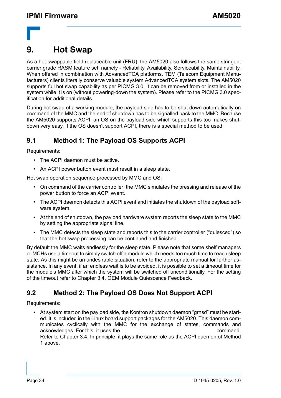 Hot swap, 1 method 1: the payload os supports acpi, 2 method 2: the payload os does not support acpi | Method 1: the payload os supports acpi, Method 2: the payload os does not support acpi, Ipmi firmware am5020 | Kontron AM5020 IPMI Firmware User Manual | Page 42 / 48