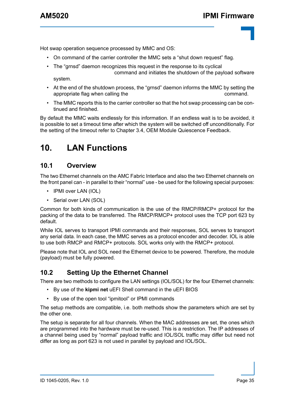 Lan functions, 1 overview, 2 setting up the ethernet channel | Am5020 ipmi firmware | Kontron AM5020 IPMI Firmware User Manual | Page 43 / 48