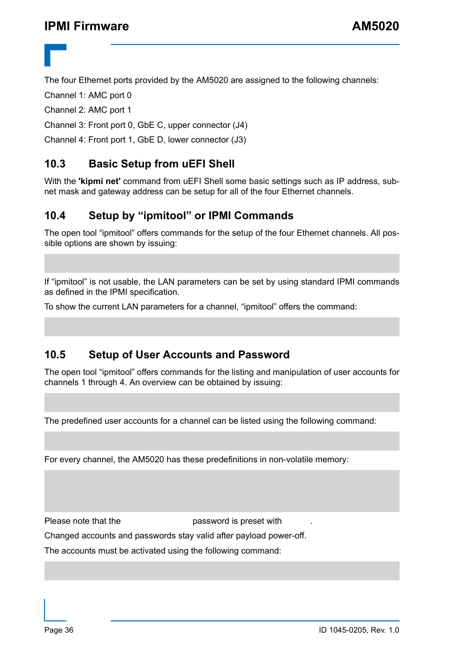 3 basic setup from uefi shell, 4 setup by “ipmitool” or ipmi commands, 5 setup of user accounts and password | Ipmi firmware am5020 | Kontron AM5020 IPMI Firmware User Manual | Page 44 / 48