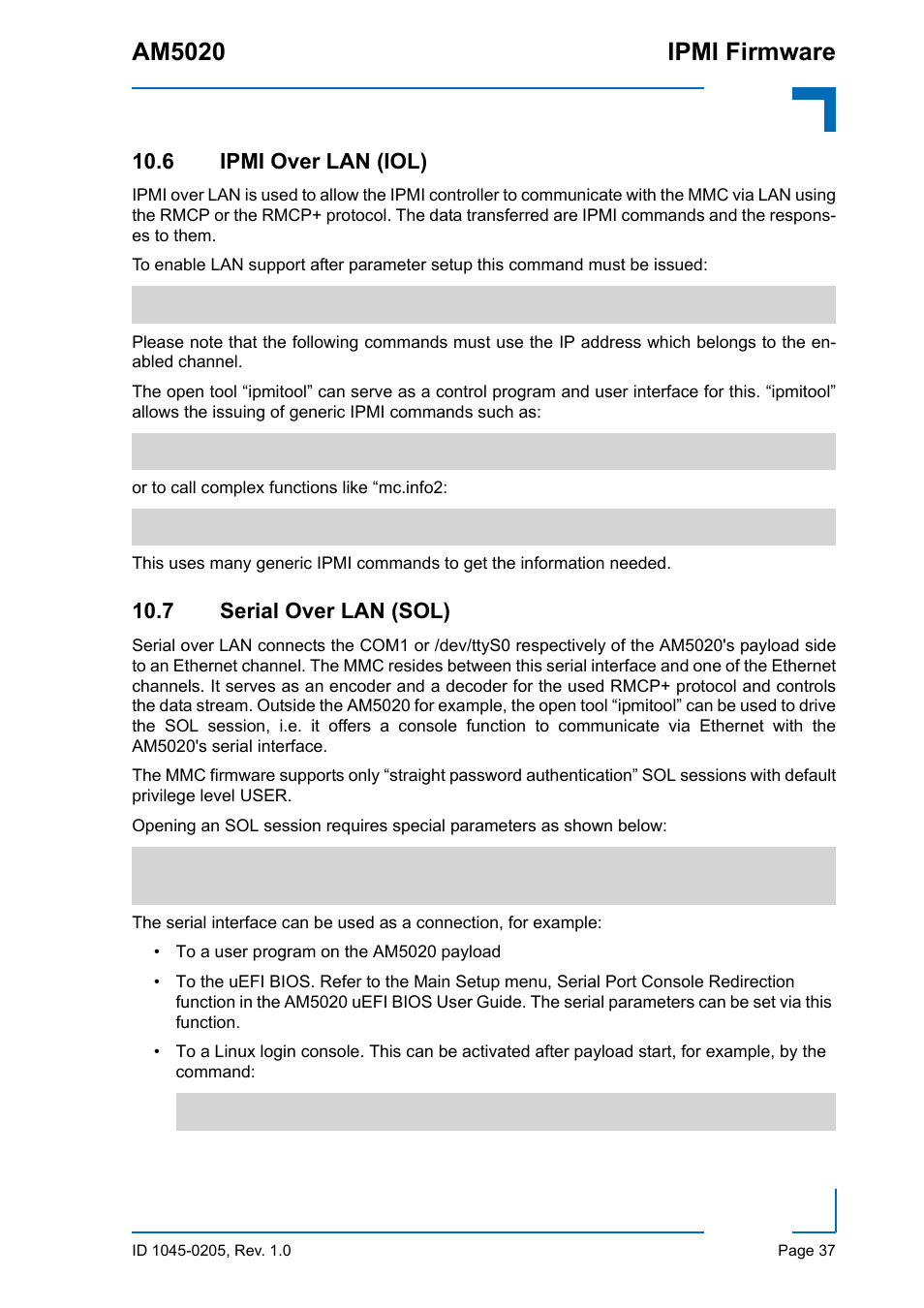 6 ipmi over lan (iol), 7 serial over lan (sol), Am5020 ipmi firmware | Kontron AM5020 IPMI Firmware User Manual | Page 45 / 48