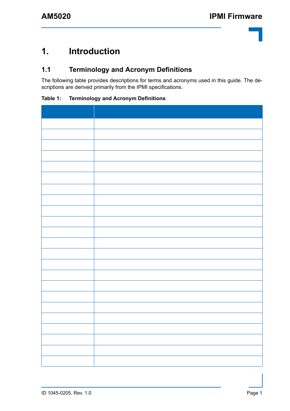 Introduction, 1 terminology and acronym definitions, Terminology and acronym definitions | Am5020 ipmi firmware | Kontron AM5020 IPMI Firmware User Manual | Page 9 / 48