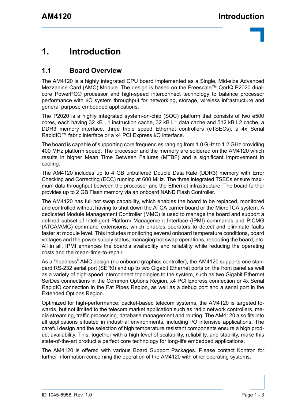 Introduction, 1 board overview, Introduction - 3 | 1 board overview - 3, Am4120 introduction | Kontron AM4120 User Manual | Page 19 / 30
