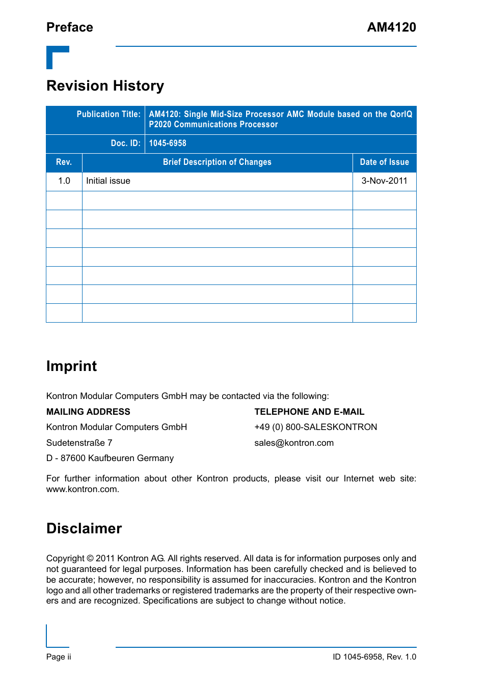 Revision history, Imprint, Disclaimer | Revision history imprint, Preface am4120 | Kontron AM4120 User Manual | Page 2 / 30