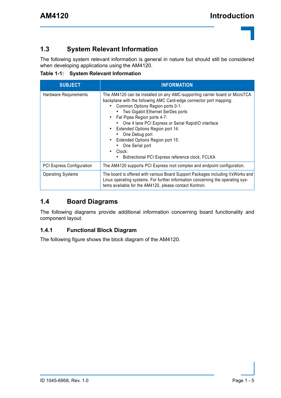 3 system relevant information, 4 board diagrams, 1 functional block diagram | Functional block diagram - 5, Am4120 introduction | Kontron AM4120 User Manual | Page 21 / 30