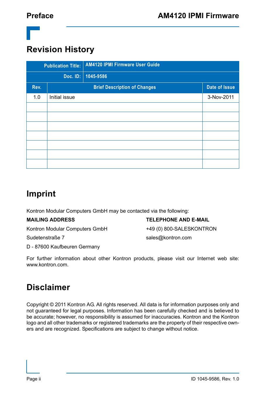 Revision history, Imprint, Disclaimer | Revision history imprint, Preface am4120 ipmi firmware | Kontron AM4120 IPMI Firmware User Manual | Page 2 / 40