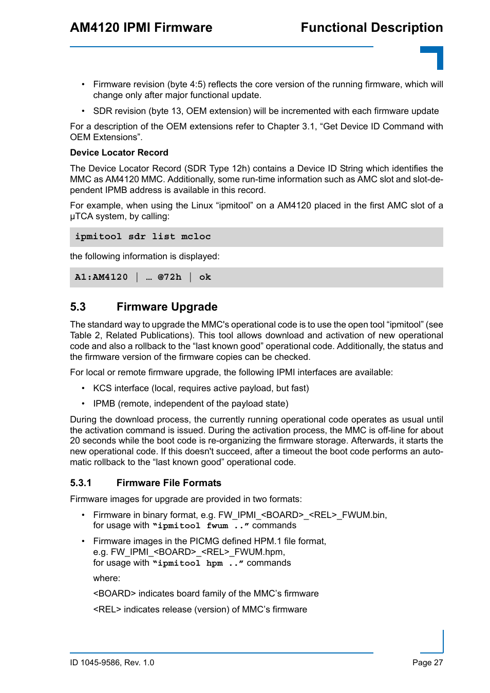 3 firmware upgrade, 1 firmware file formats, Firmware file formats | Am4120 ipmi firmware functional description | Kontron AM4120 IPMI Firmware User Manual | Page 33 / 40