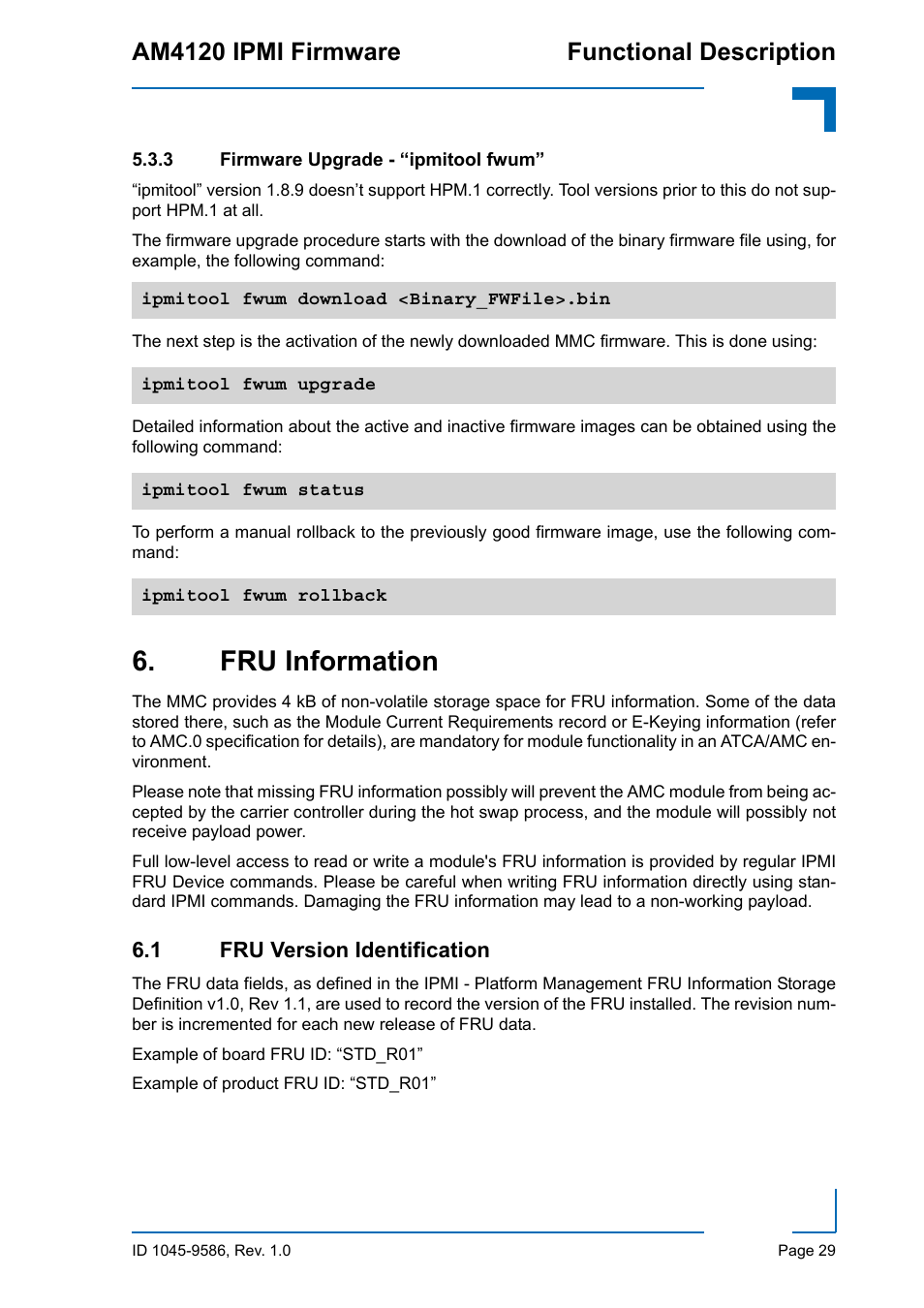 3 firmware upgrade - “ipmitool fwum, Fru information, 1 fru version identification | Firmware upgrade - “ipmitool fwum, Am4120 ipmi firmware functional description | Kontron AM4120 IPMI Firmware User Manual | Page 35 / 40