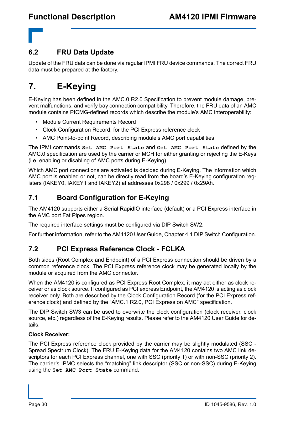2 fru data update, E-keying, 1 board configuration for e-keying | 2 pci express reference clock - fclka, Functional description am4120 ipmi firmware | Kontron AM4120 IPMI Firmware User Manual | Page 36 / 40