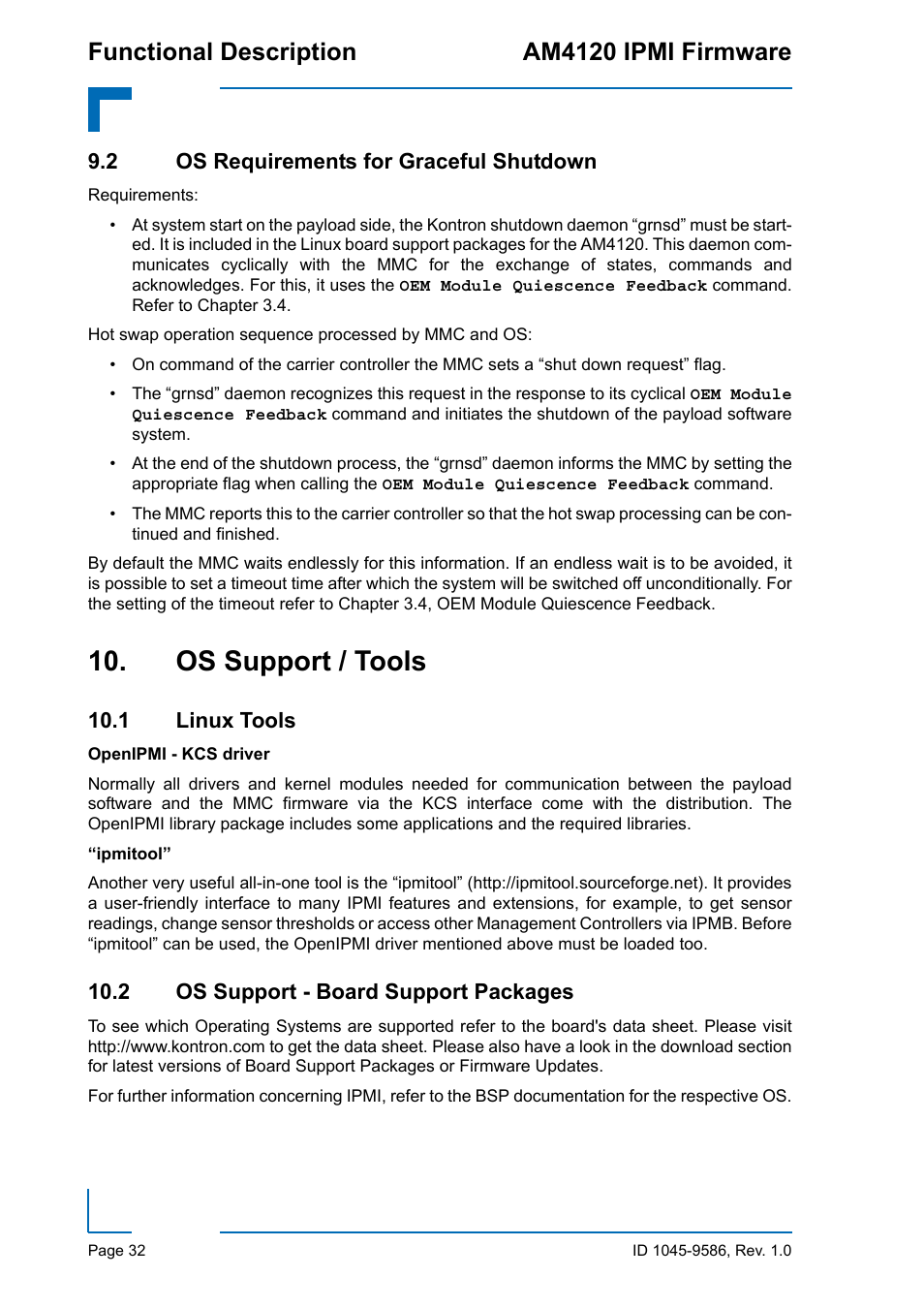 2 os requirements for graceful shutdown, Os support / tools, 1 linux tools | 2 os support - board support packages, Functional description am4120 ipmi firmware | Kontron AM4120 IPMI Firmware User Manual | Page 38 / 40