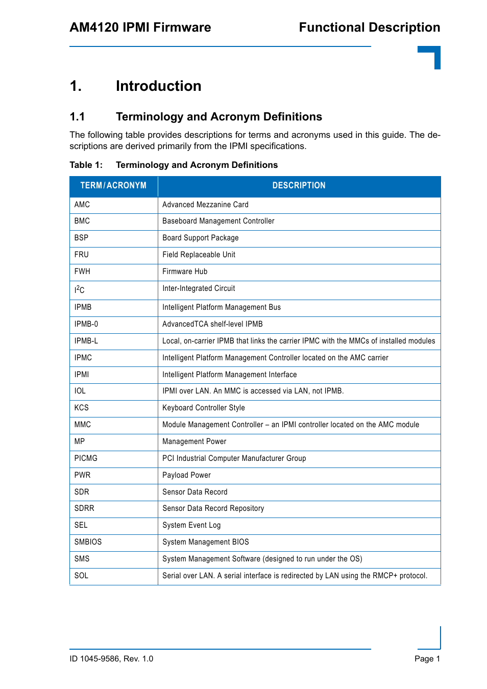 Introduction, 1 terminology and acronym definitions, Am4120 ipmi firmware functional description | Kontron AM4120 IPMI Firmware User Manual | Page 7 / 40