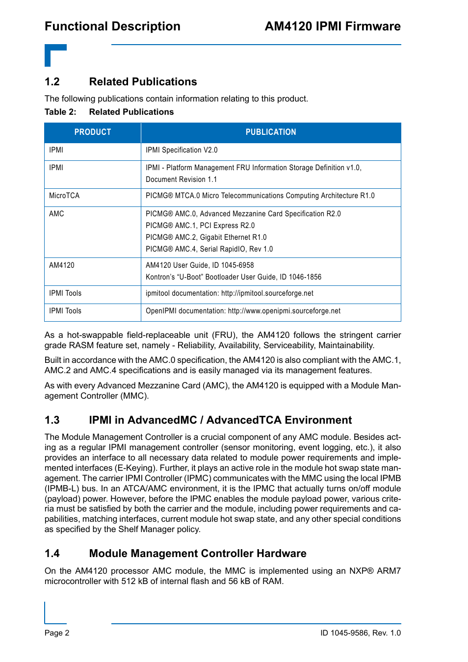 2 related publications, 3 ipmi in advancedmc / advancedtca environment, 4 module management controller hardware | Functional description am4120 ipmi firmware | Kontron AM4120 IPMI Firmware User Manual | Page 8 / 40