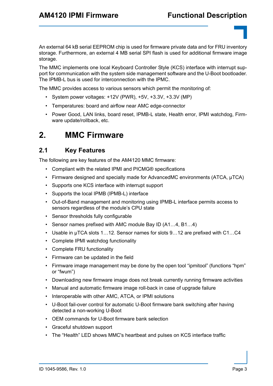 Mmc firmware, 1 key features, Am4120 ipmi firmware functional description | Kontron AM4120 IPMI Firmware User Manual | Page 9 / 40